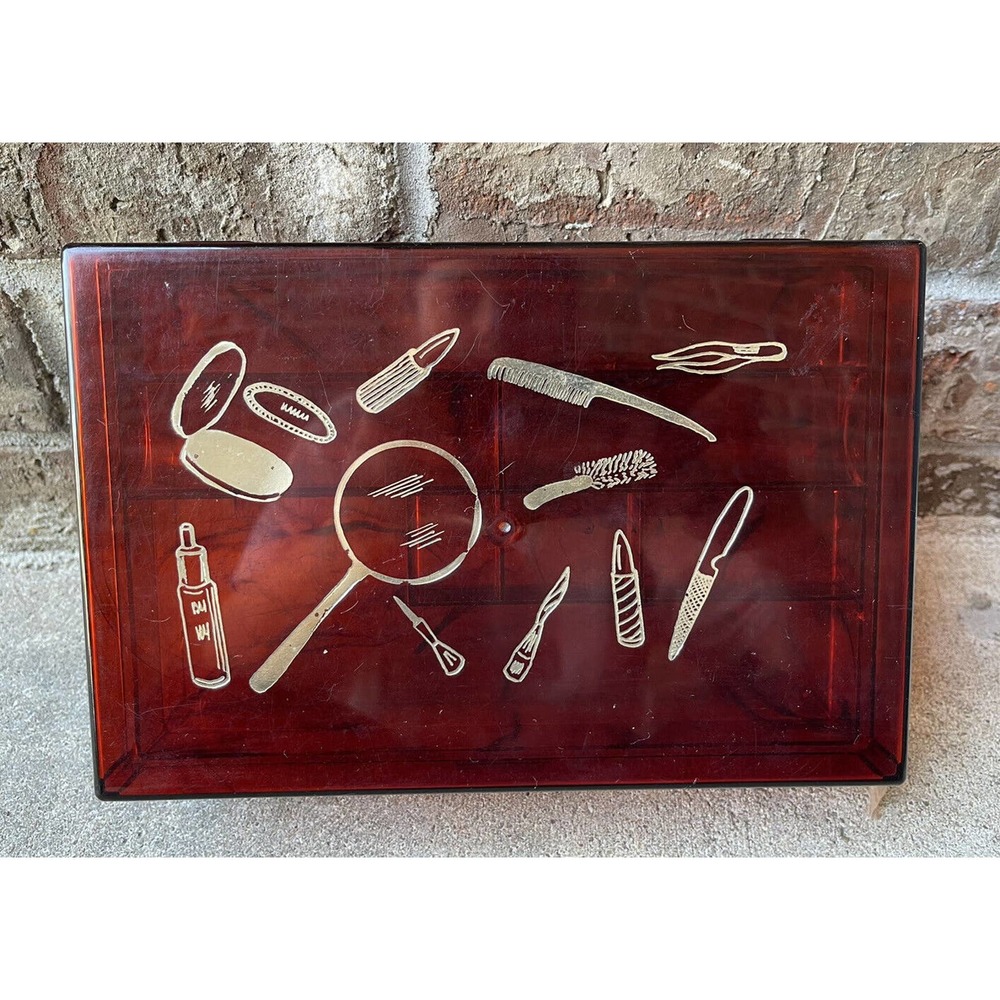 Vintage 70s Clear Brown Lucite Plastic Makeup Beauty Vanity Organizer Case